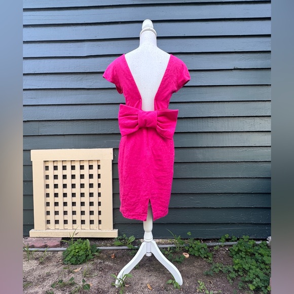 Vintage Dresses & Skirts - 90s Vintage Hot Pink Cotton Jacquard Wiggle Dress w Low Back and Bow Sz Sm